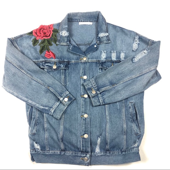 Women’s Distressed Floral Appliqués Denim Jacket L - Picture 3 of 16